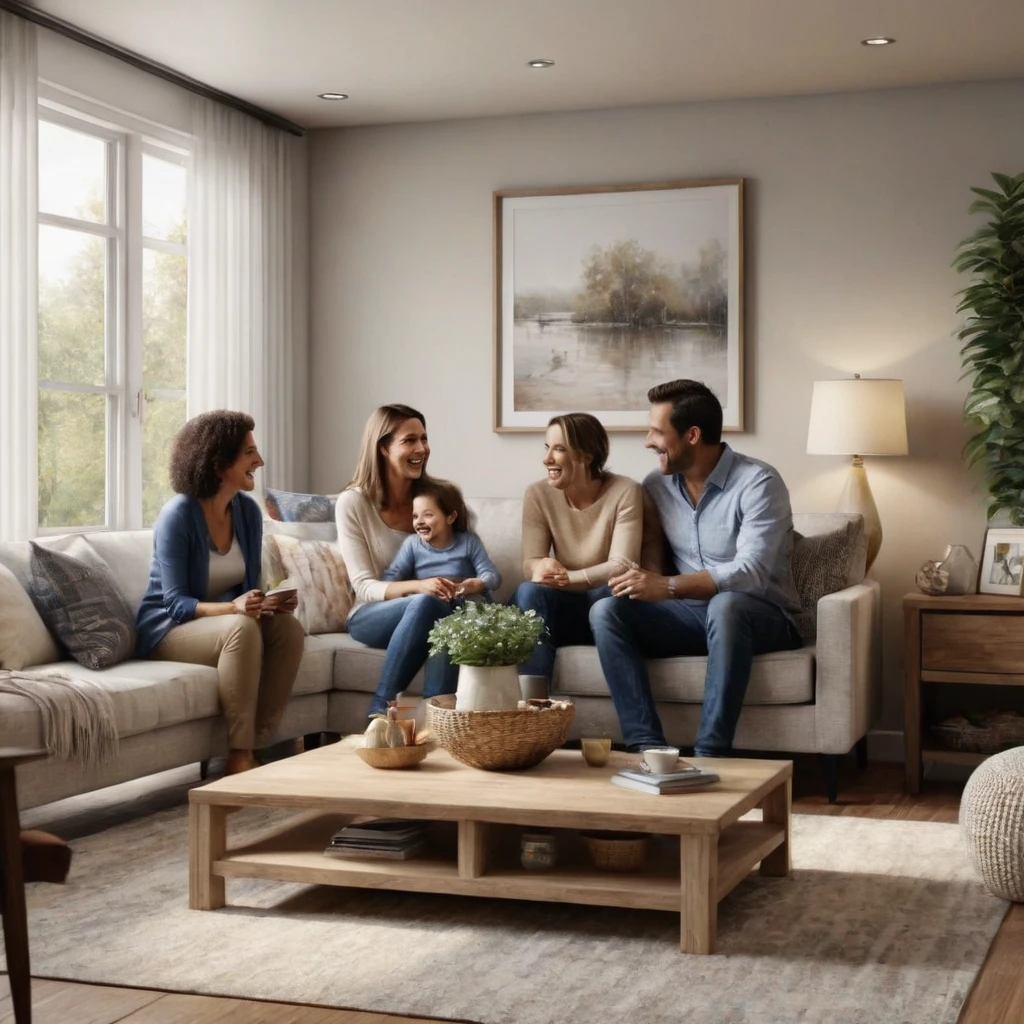 a family is gathered and happy in a family room, perfect details, hyper realistic, ultra realism, ultra detail, front view