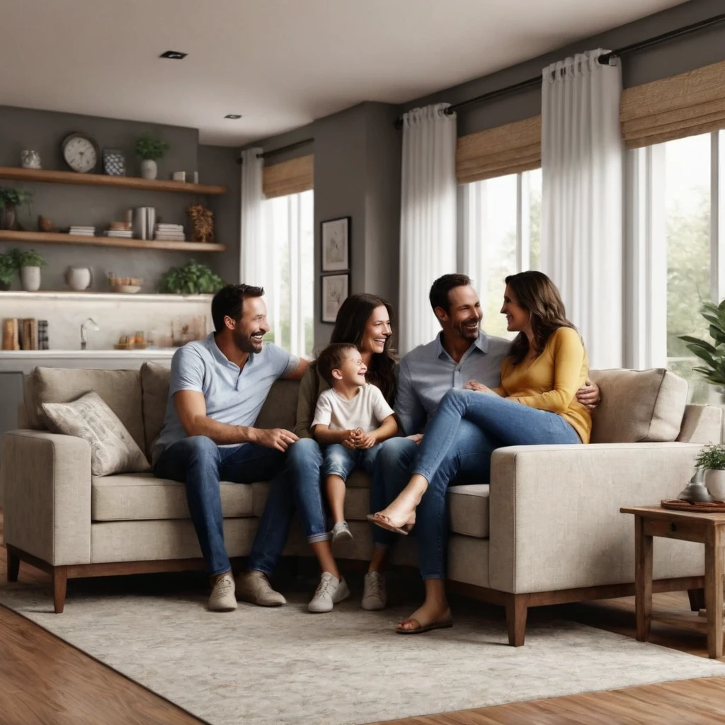 a family is gathered and happy in a family room, perfect details, hyper realistic, ultra realism, ultra detail, front view