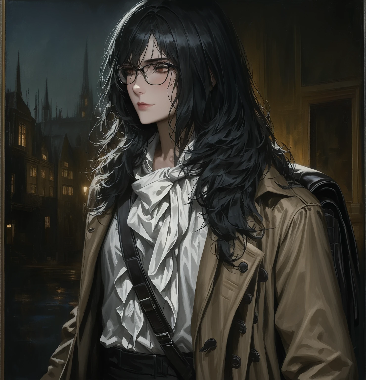 ((adult)), (woman), ((tall)), ((Ryoshu from Limbus company)) , masterpiece, best quality, dark aura, 
 ((short black hair)), glasses, plain white shirt, brown coat, black pants, white kerchief with black marks around neck, carrying a robust leather bagpack, (faint smile), realistic anime style, (oil painting), dark old manor background, night, impasto.
