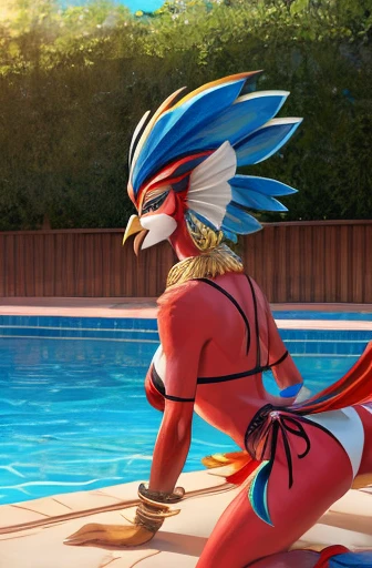 Female Quaquaval wearing a sexy red bikini in swimming pool