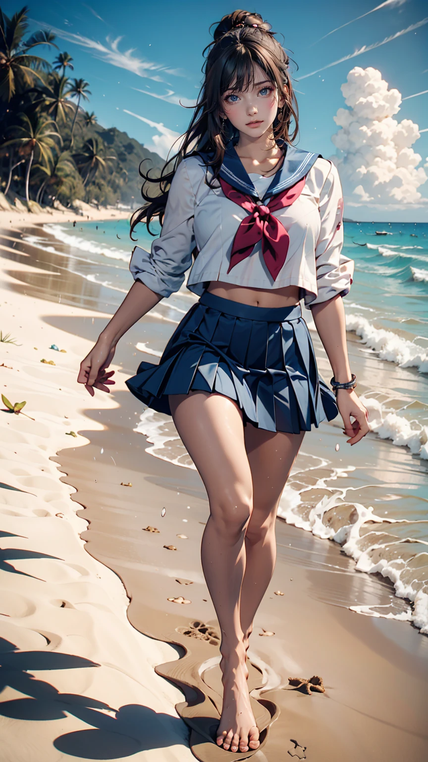 Japanese women、semi-long、Sexy proportions、high school girl、Summer sailor uniform、Navy blue mini pleated skirt、Running barefoot on the sandy beach on the Pacific coast、Footprints remain on the sand