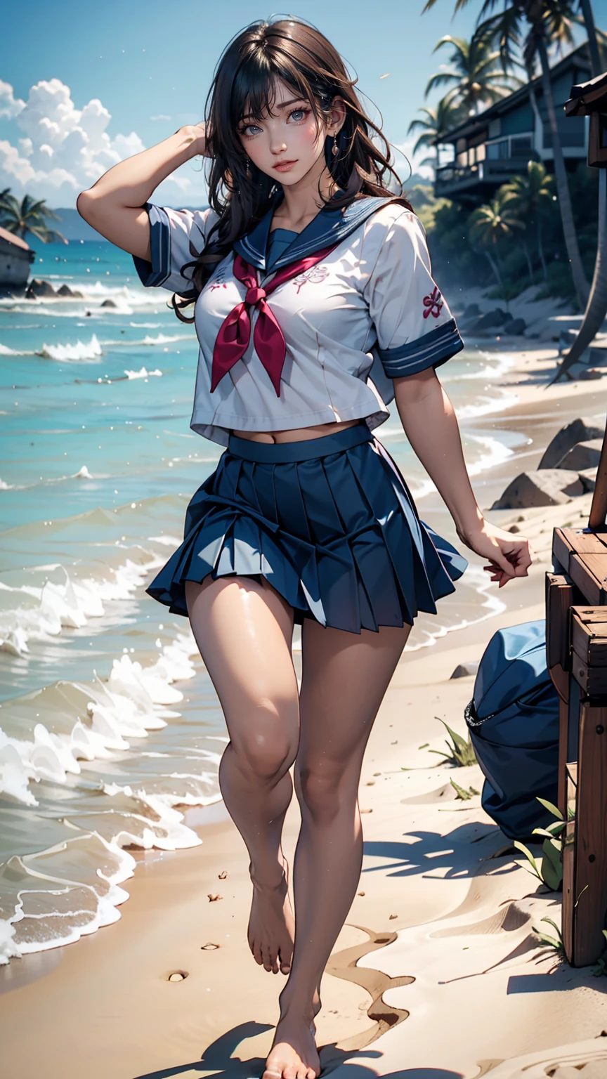 1girll, Beautiful detailed eyes, Brown hair long, Light blue eyes, a sailor suit, High white stockings, Glossy glossy skin, Seaside, beach, Waves, High contrast,ssmile，Side Body，Turn Back，no head gear， ((Masterpiece, Best quality))