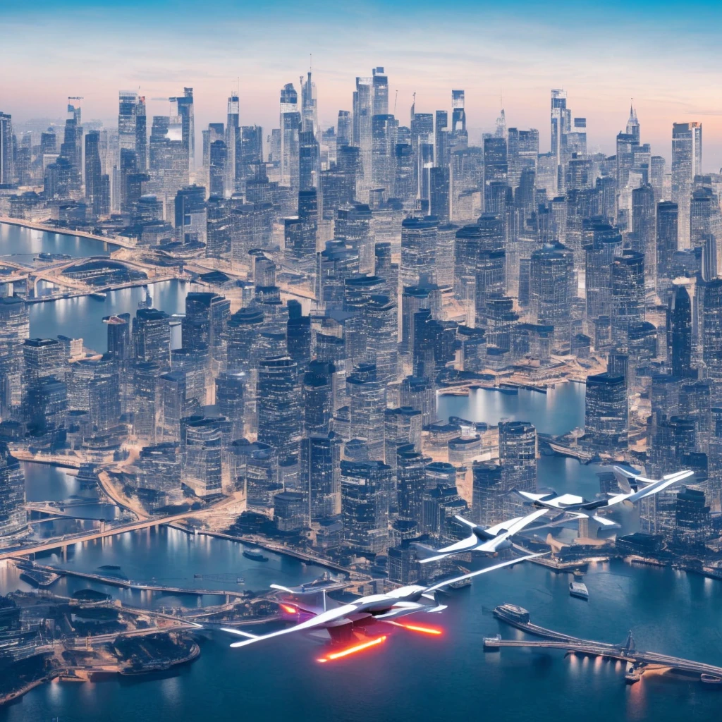 A futuristic city skyline with AI-driven flying cars