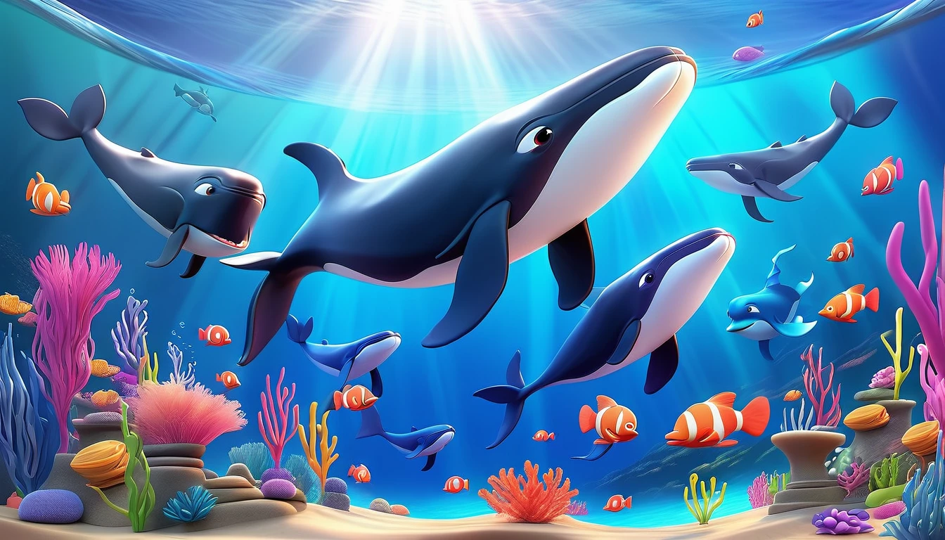 Create a 3-D Pixar style art scene for kids featuring a pod of whales swimming together. The scene should be colorful and vibrant, with an ocean background, coral reefs, and schools of fish.The overall mood should be engaging and inviting for young children."