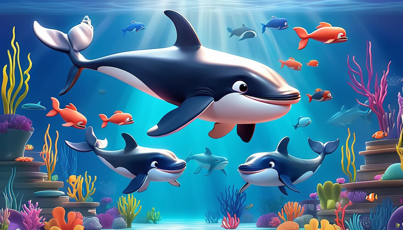 Create a 3-D Pixar style art scene for kids featuring a pod of whales swimming together. The scene should be colorful and vibrant, with an ocean background, coral reefs, and schools of fish.The overall mood should be engaging and inviting for young children."