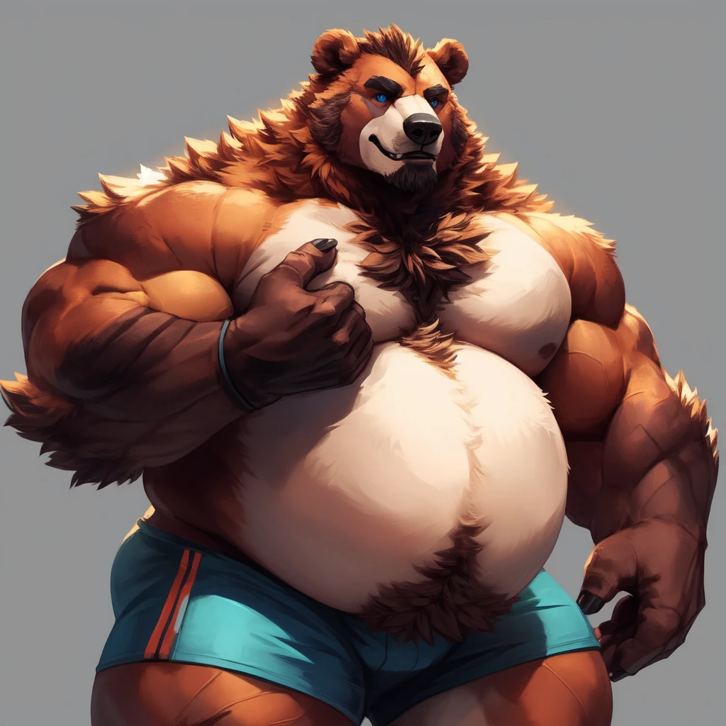 lucusold, lanxus, a man with a huge belly hugging a bear, fat ripped , thicc, lowres, giant and fat, danbooru and artstation, heavy detailed, insanely inflated hips, topless, shorts, proportionally enormous arms, fluffy chest, commission for high res, detailed but rough, semirealistoc:1.3