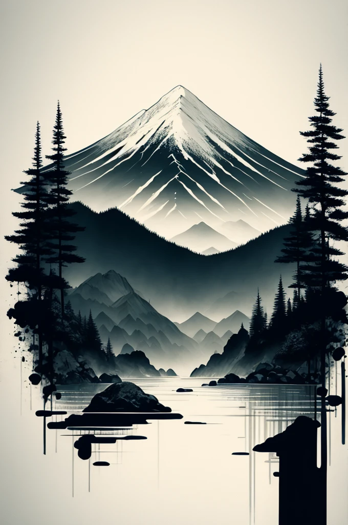 white background, scenery, ink, mountains, water, trees
