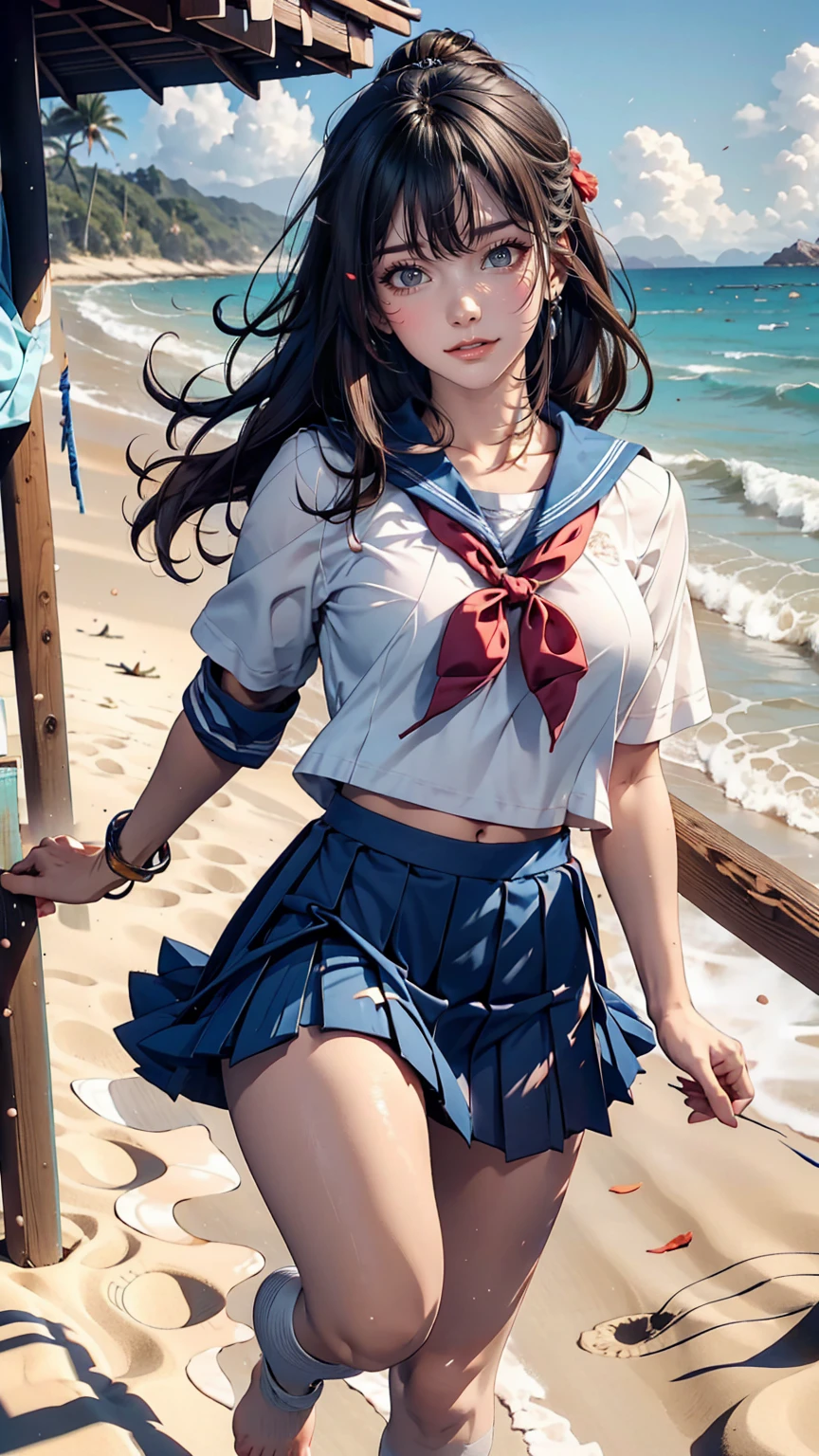 Japanese women、semi-long、Sexy proportions、high school girl、Summer sailor uniform、Navy blue mini pleated skirt、Running barefoot on the sandy beach on the Pacific coast、Footprints remain on the sand