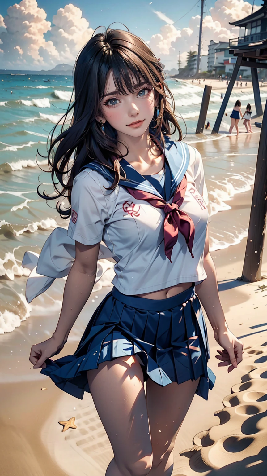 Japanese women、semi-long、Sexy proportions、high school girl、Summer sailor uniform、Navy blue mini pleated skirt、Running barefoot on the sandy beach on the Pacific coast、Footprints remain on the sand