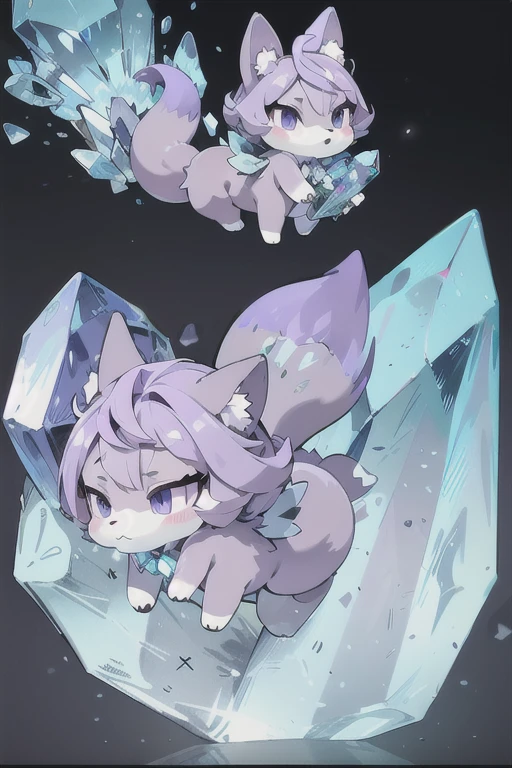 ((best quality)), ((masterpiece)), (detailed), animated purple and grey color fox, purple and grey color crystal fur, crystal shaped tail, large crystal on its head