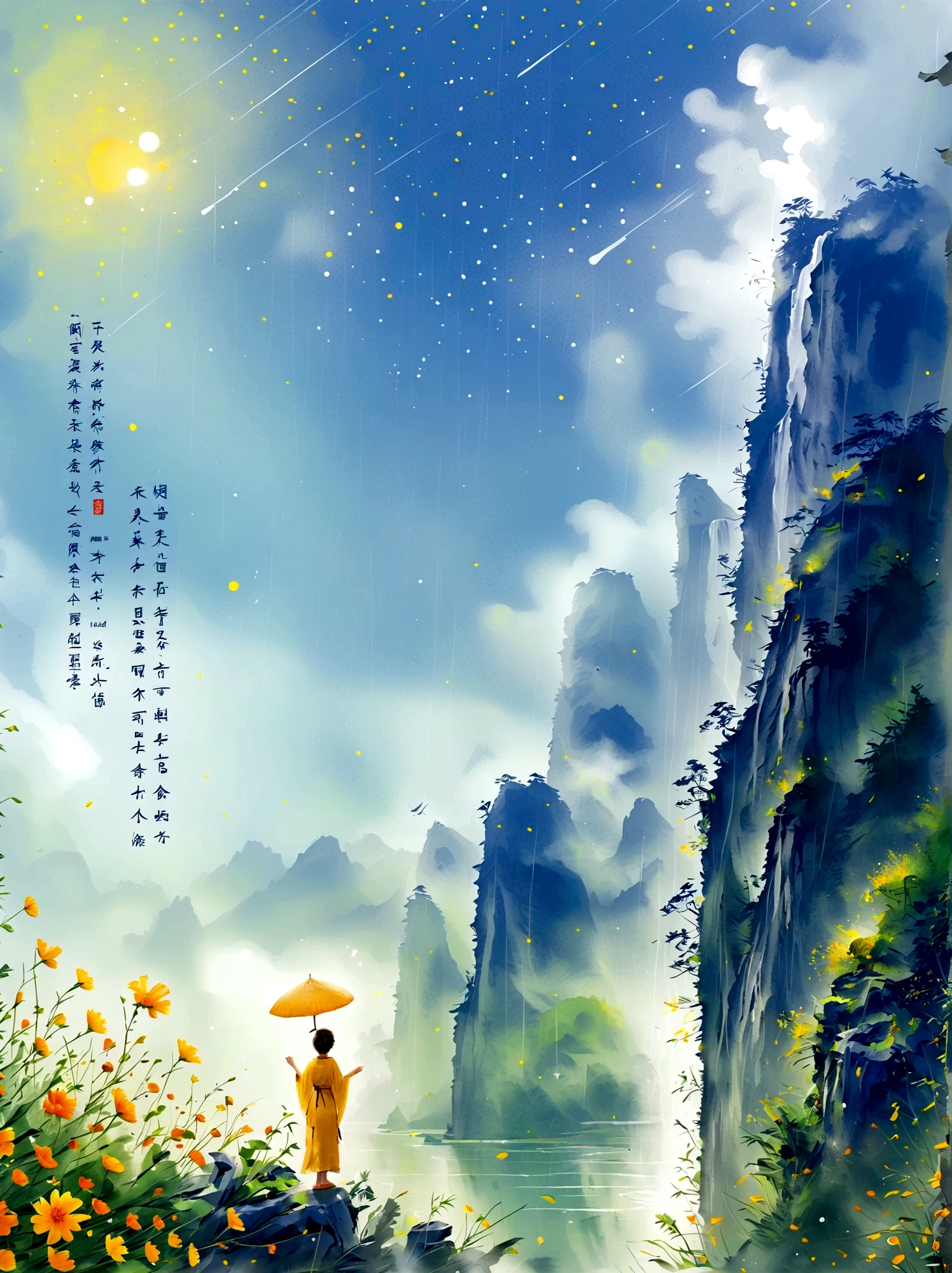 Cai GuoRUN's illustration style, 1girl, A woman in a long skirt stands on a cliff and looks up at the starry sky, Goddess of space, Milky Way Goddess, Goddess of Heaven, Astral Ethereal, dream, Beautiful celestial wizard, Beautiful fantasy painting, Beautiful fantasy art, Ethereal fantasy, Very Beautiful fantasy art, Digital Art Fantasy, enchanting and otherworldly, Fantasy Beauty, The beautiful art of Octane UHD 8k rendering, Volumetric Light, Natural soft light, (Ultra-delicate:1.2, Loss of focus:1.2, Colorful, Movie Lighting, Ray Tracing), Super rich, Ultra Detailed, 1cgrssh1, Chiaroscuro, masterpiece, 8k