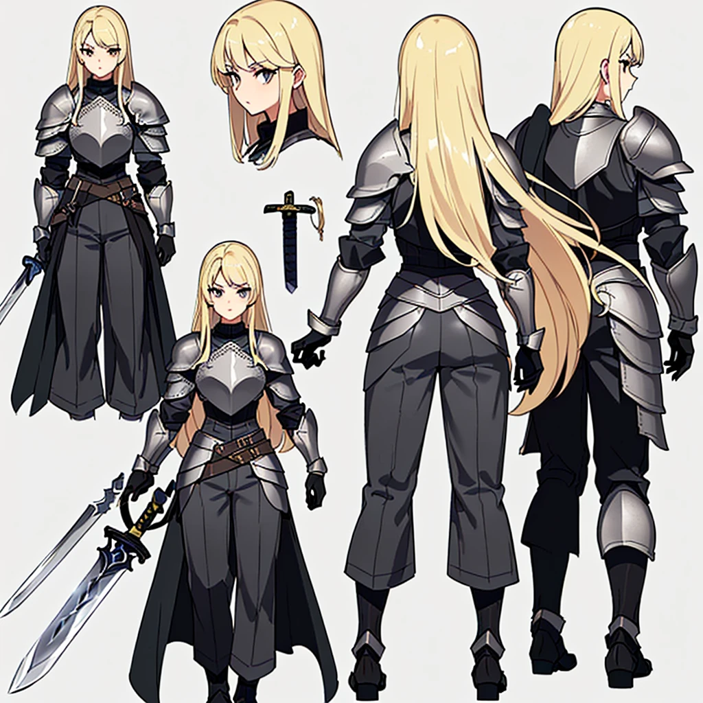 (Full body character concept、detailed)、(((Simple grey armor、Black trousers、Black gloves))、(woman、18-year-old)、(Blonde、Long Hair)、(((Grab the sword)))、(From the back)