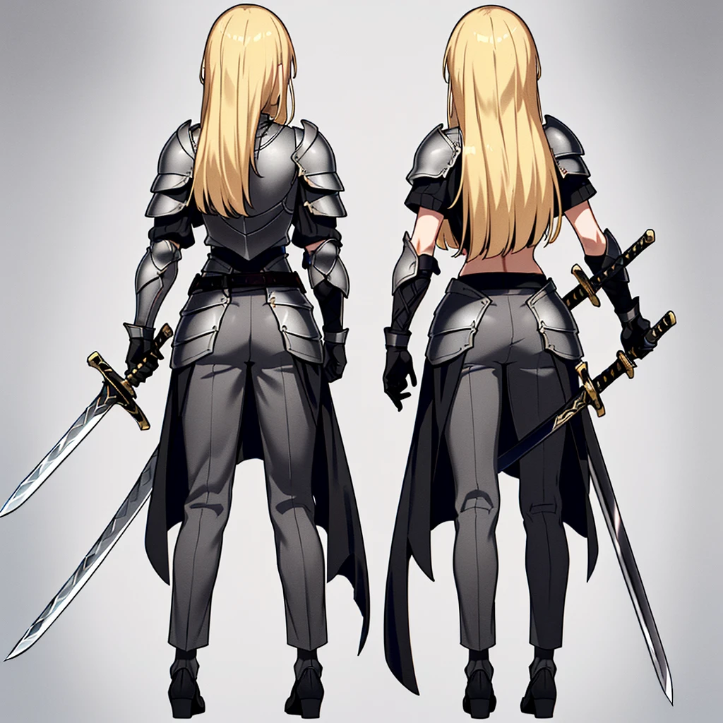 (Full body character concept、detailed)、(((Simple grey armor、Black trousers、Black gloves))、(woman、18-year-old)、(Blonde、Long Hair)、(((Grab the sword)))、(From the back)