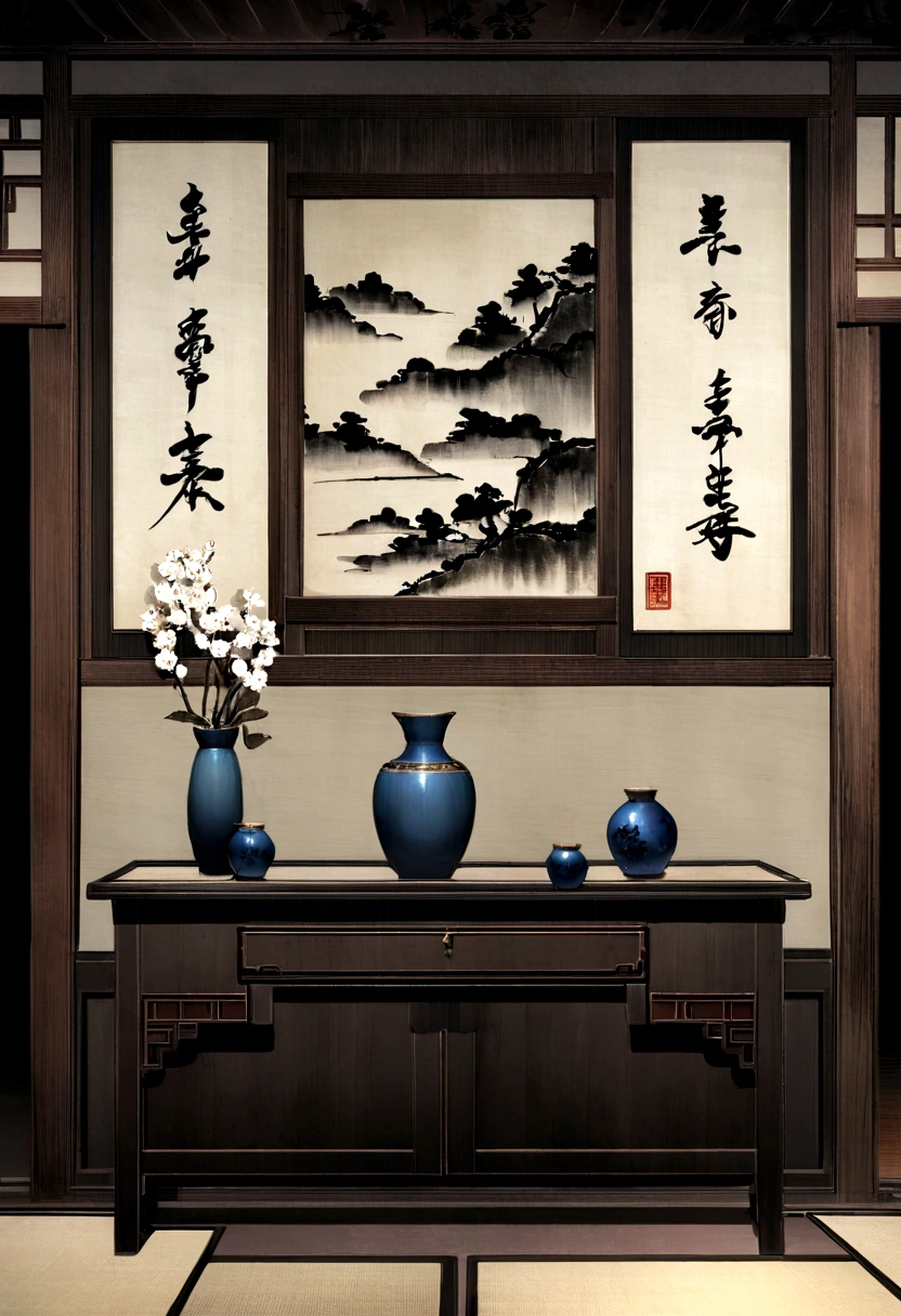 Chinese scene,Chinese furniture,There are two vases on the table in front of the wall,There are flowers on it,It has a classical Chinese aesthetic,Chinese style,Ink painting background,Antique rhyme,high-definition picture quality,4k