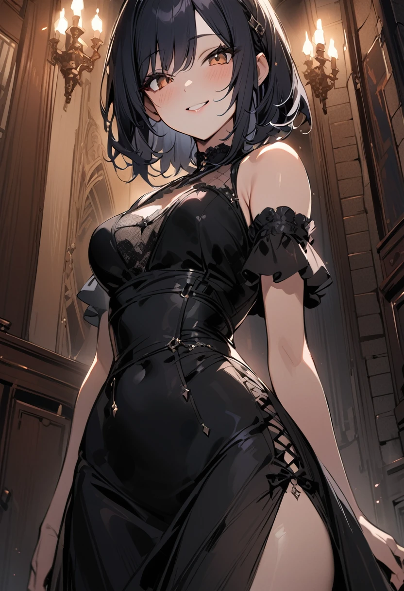 (One person), cute, black sexy dress, (Cat ear), Black medium hair, Bangs, yellow eyes, (evil grin:1.4), (Put your hands on your hips:1.3), Ancient City, Candles, (night), window, indoor, from the front, Cowboy Shot, ((Highest quality)), ((masterpiece)), (Detailed), Perfect Face, Perfect Arms, (Perfect hands), (Perfect Fingers), anime, Ultra-fine illustration,