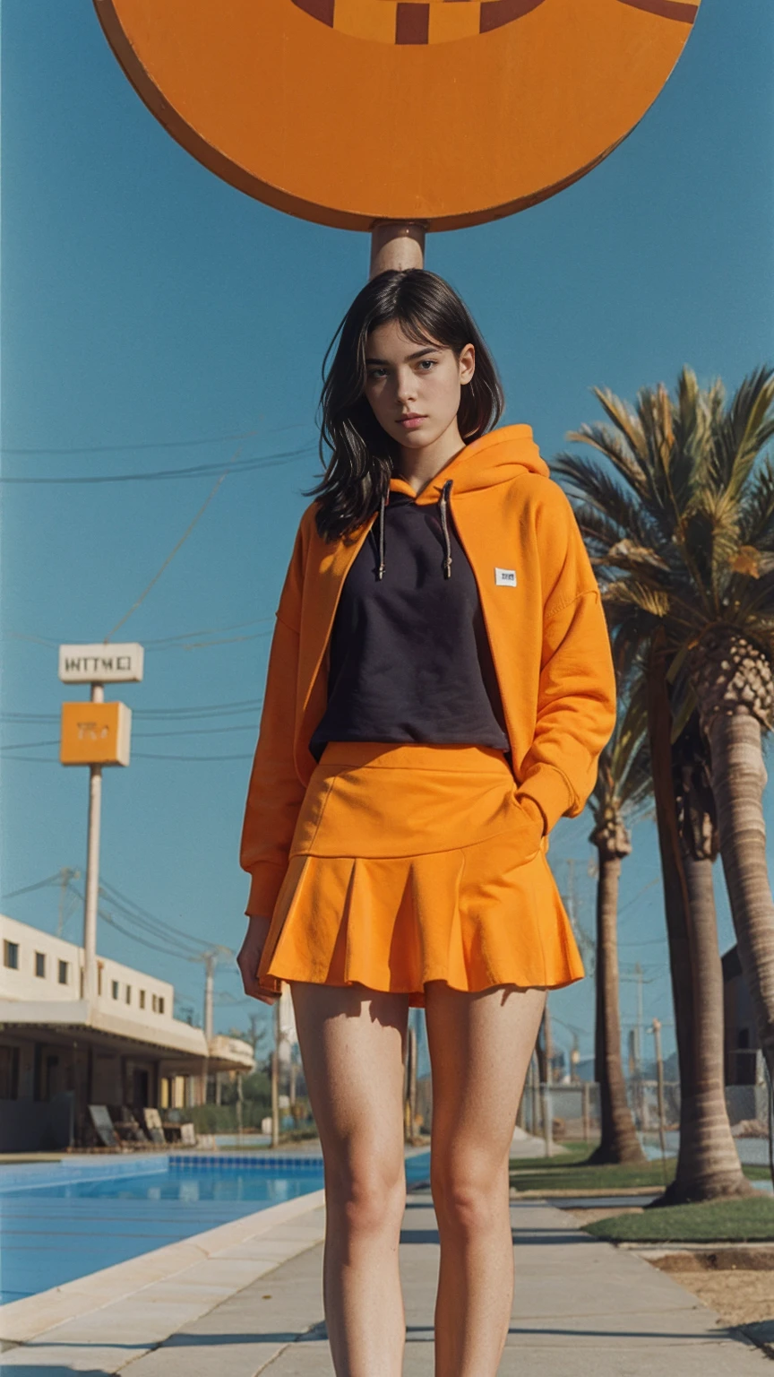 long shot portrait of cute 23 yo girl ,wear ((orange color oversized hoodie)), wear ((purple tennis skirt)),looking viewer,Best Quality,Masterpiece,Ultra High Resolution,(Realisticity:1.4),Original Photo, 1Girl, light leak,ultra high resolution,UHD,beautiful, (black bob hair), almond eye, no makeup, in front of ((80's mondrian architecture motel)), (realistic:1.2), (surreal:1.3), (very detailed:1.1), ((masterpiece)),summer, blue sky, palm trees,sunny, los angles vibes,film camera, 800mm lens,style of Philip Lorca diCorcia