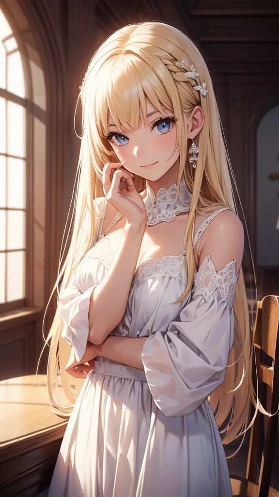 (best quality), (masterpiece), (high resolution), (Intricate details:0.2),(Professional lighting), Simple background, Extra large white , Half-length photo, (Previous View), 1 Girl, Solitary, (Pretty Face:1.40), slim, Delicate skin, Smile,Gentle and intellectual,Good shape,White shirt,student,student,Blonde,Long hair (Medium beast:1.10), View in the viewer,Front lighting,Soft Light,Bright picture