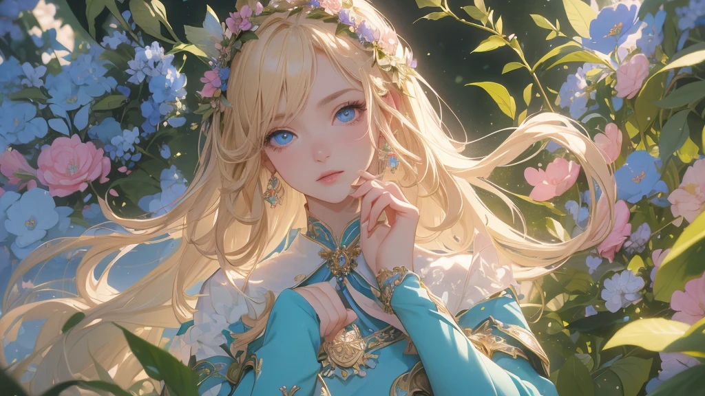 work of art, ultra creative, epic details, ultra detaild, best resolution, Woman, archer, blonde, (Beautiful nymph), ( robust wreath of leaves and pink and blue flowers), sculptural body, (brown clothes made of leather), ((perfect hands))), scenario:Enchanted Forest), no mistakes, (((epic details na face))), (((ultra perfect eyes)))