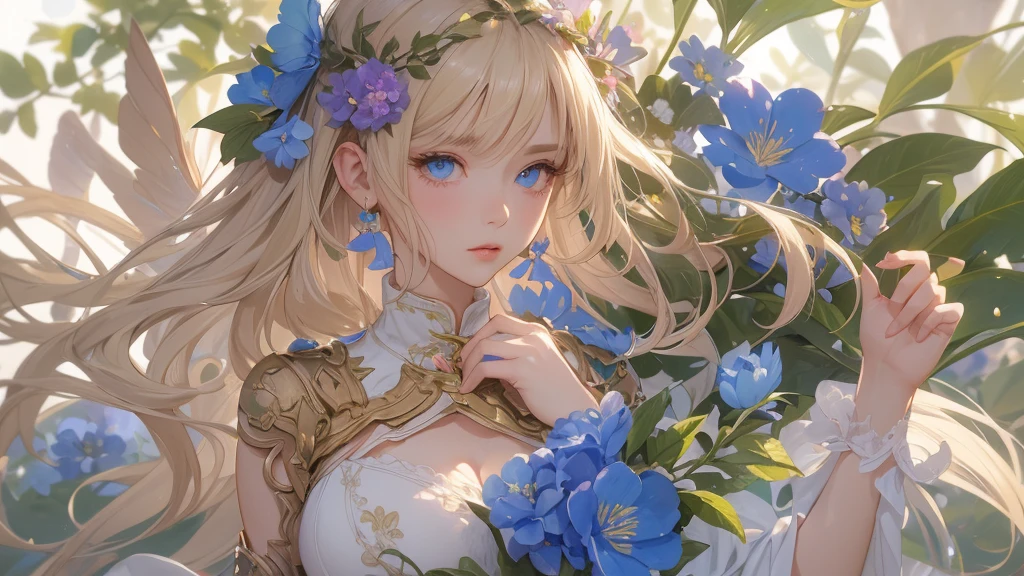 work of art, ultra creative, epic details, ultra detaild, best resolution, Woman, archer, blonde, (Beautiful nymph), ( robust wreath of leaves and pink and blue flowers), sculptural body, (brown clothes made of leather), ((perfect hands))), scenario:Enchanted Forest),  no mistakes, (((epic details na face))), (((ultra perfect eyes)))