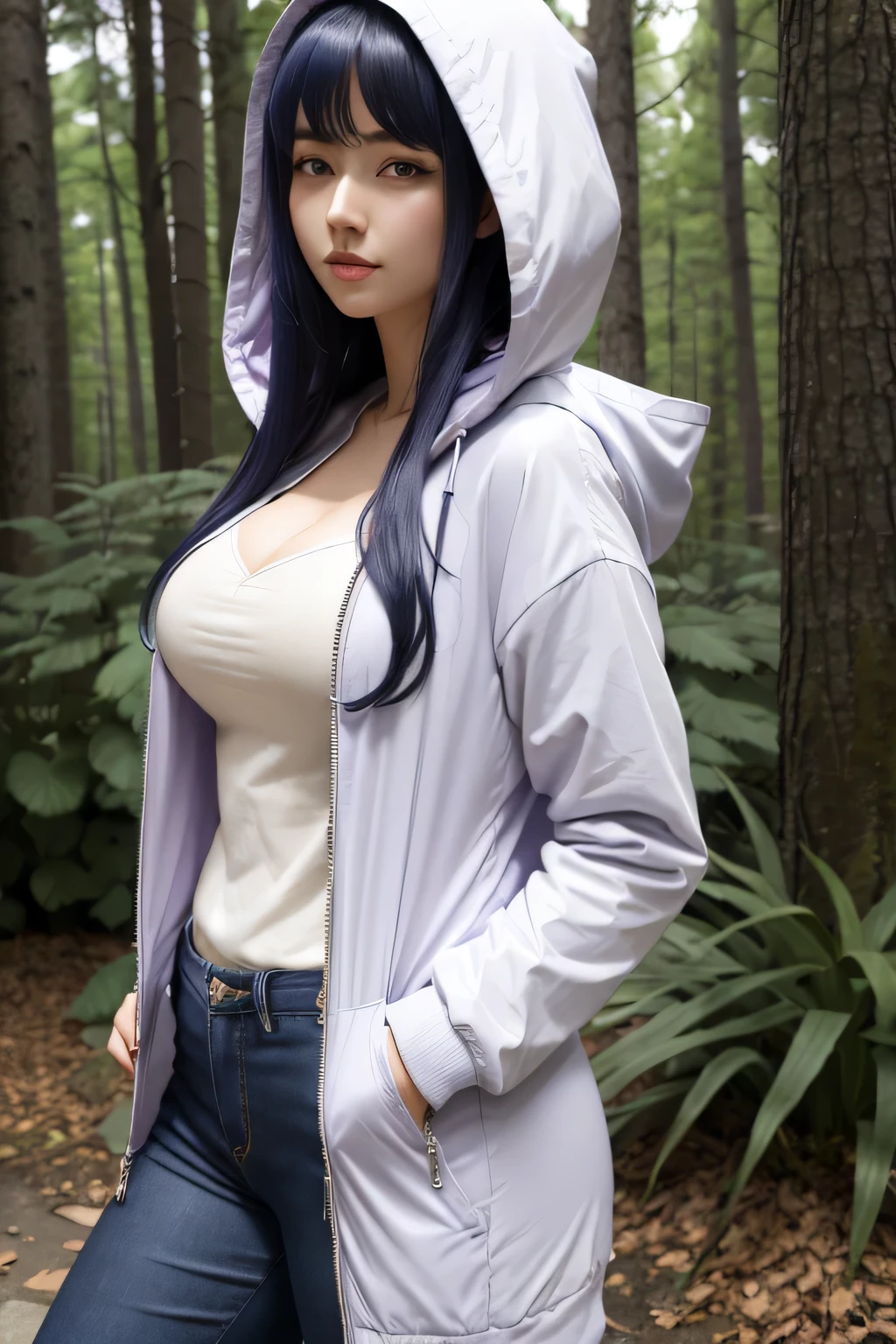 illustration of sexy Hinata Hyuga from the Naruto anime series. The illustration should depict her in her classic outfit from the "Naruto Shippuden" era,( lavender and cream hooded jacket and dark blue pants. long dark blue hair, Byakugan eyes,)
background serene setting, quiet forest, calm and gentle personality. (Outfit: Lavender and cream hooded jacket, dark blue pants.)
(Hairstyle: Long dark blue hair.)
(Eyes: Byakugan, with a pale, featureless look.), Big , showing clevage, sexy figure,