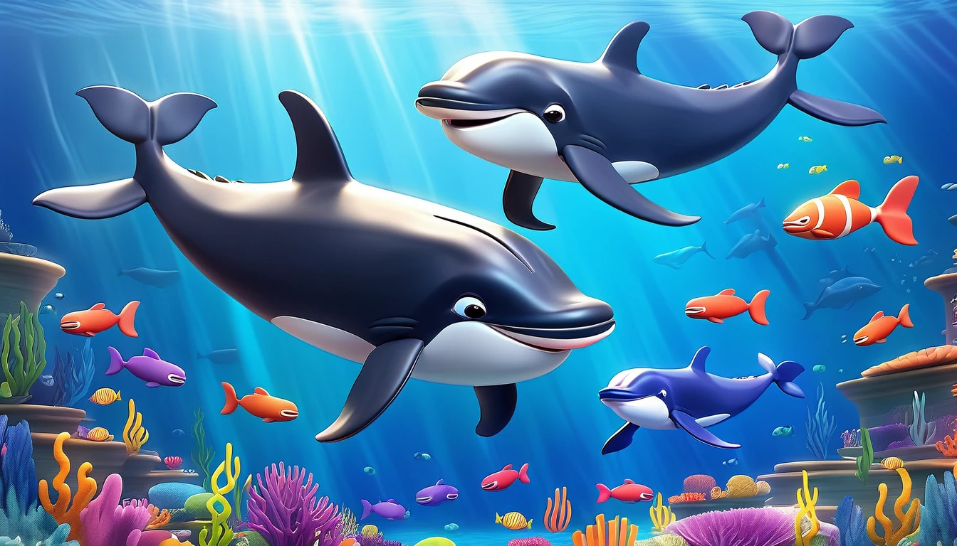 Create a 3-D Pixar style art scene for kids featuring a pod of whales swimming together. The scene should be colorful and vibrant, with an ocean background, coral reefs, and schools of fish.The overall mood should be engaging and inviting for young children."
