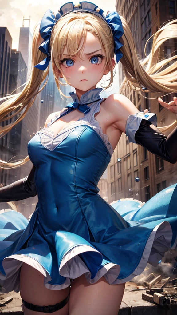 A masterpiece, best quality, bubble, blue dress, long blonde pigtails, cute face, extremely detailed eyes, intense expression, fighting pose, destroyed city, distant fire, rising smoke,