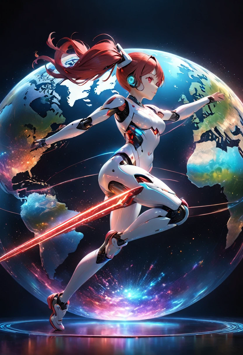 a highly detailed 8k resolution rendering of a 1 girl robot girl with red hair, twin tails, and red eyes, (with one hand holding a red and white long sword:1.3), with a blue sky background, the figure moving at high speed from a side view, (with a protector for the face and head:1.2), showing the whole body, hold the sword accurately with one hand, cinematic lighting, sharp focus, hyper-detailed, realistic, masterpiece, vibrant colors, dynamic composition, holographic earth