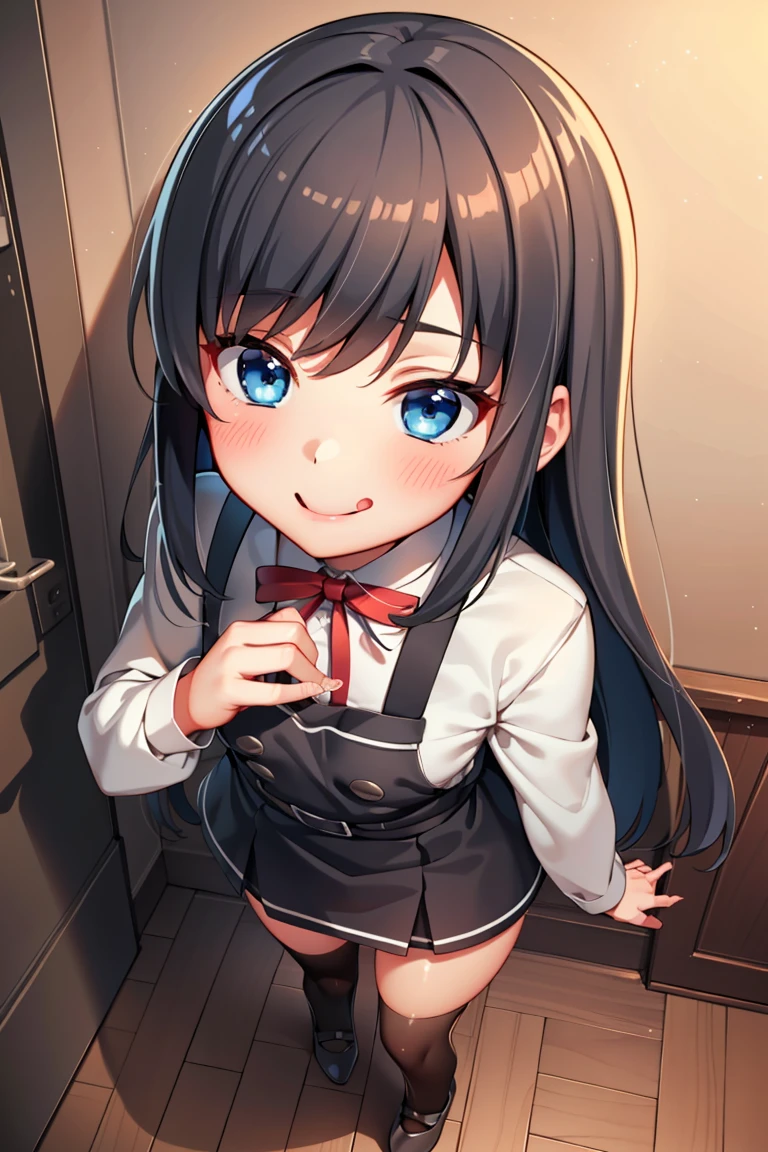 asashiokainiKC, Long Hair, shirt, Knee socks, Long sleeve, ribbon, , neck ribbon, Apron dress, (Small breasts:1.2), (Small body:1.2), (Low length:1.2), One , alone,
break 
(SFW:1.3), (whole body), (Bust up shot:1.2), (Face Focus:1.1)
break
0pen,  (Sticking out tongue), ((Long Tongue)), (Open your mouth) , From above, (Overhead Shot)
break
(;d:1.2), A shy smile, (blush:1.2), 閉じた目
break
official art, Masterpiece, Highest quality, Highest Resolution, 8K, Most detailed, Extremely elaborate hands, Highly detailed fingers, Highly detailed mouth, perfect anatomy
break
(indoor, Bedroom), dust, dust, Particles of light, Highly detailed 16K CG wallpaper