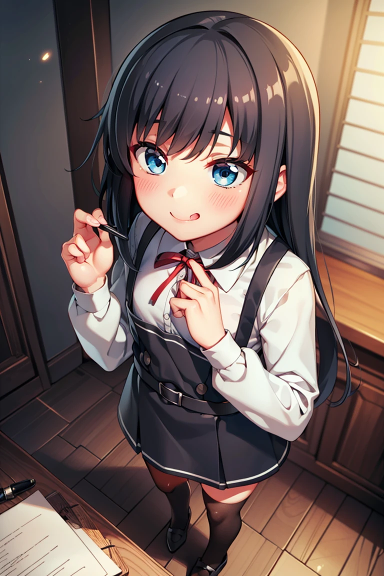 asashiokainiKC, Long Hair, shirt, Knee socks, Long sleeve, ribbon, , neck ribbon, Apron dress, (Small breasts:1.2), (Small body:1.2), (Low length:1.2), One , alone,
break 
(SFW:1.3), (whole body), (Bust up shot:1.2), (Face Focus:1.1)
break
0pen,  (Sticking out tongue), Long Tongue, Open your mouth , From above, (Overhead Shot)
break
(;d:1.2), A shy smile, (blush:1.2)
break
official art, Masterpiece, Highest quality, Highest Resolution, 8K, Most detailed, Extremely elaborate hands, Highly detailed fingers, Highly detailed mouth, perfect anatomy
break
(indoor, Bedroom), dust, dust, Particles of light, Highly detailed 16K CG wallpaper