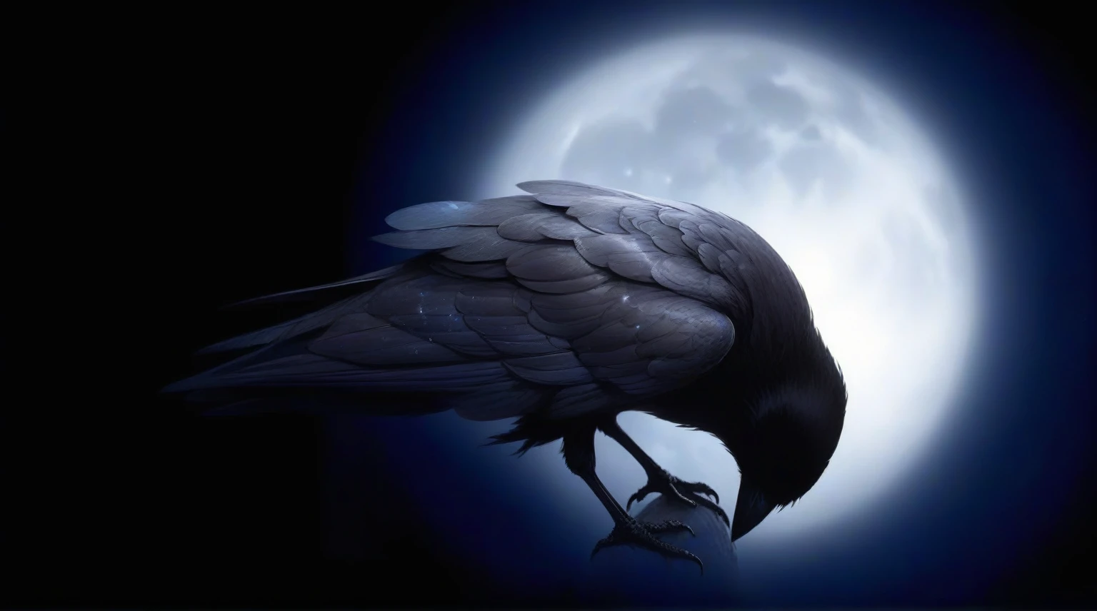 there is a raven that is sitting on a branch in the dark, crows as a symbol of death, dark crow, raven bird, raven wings, raven, three-legged black raven, dark feathered wings, raven, crow, long thick shiny black beak, full moon and starry sky background, blur background, masterpiece, anatomically correct, award winning, best quality