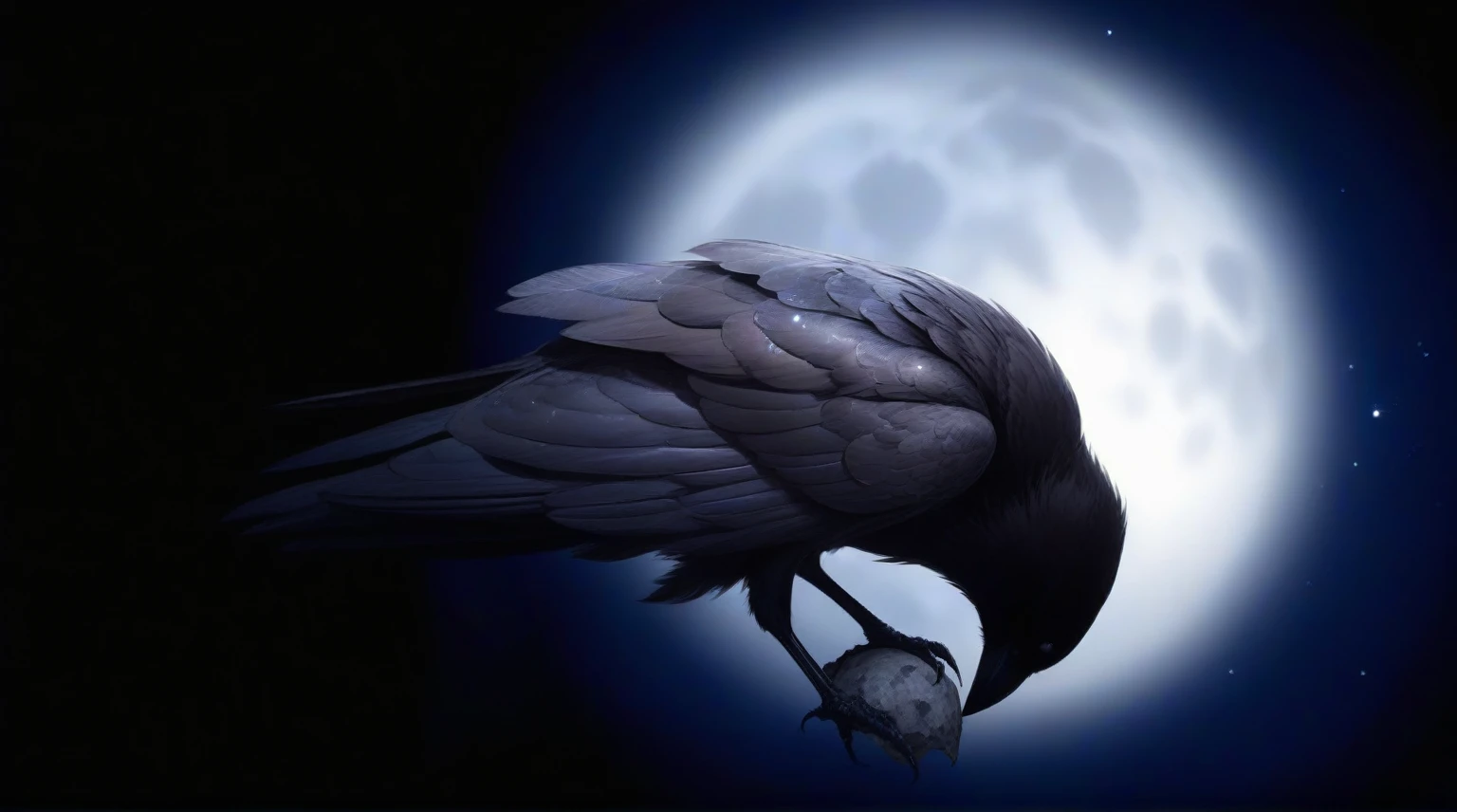 there is a raven that is sitting on a branch in the dark, crows as a symbol of death, dark crow, raven bird, raven wings, raven, three-legged black raven, dark feathered wings, raven, crow, long thick shiny black beak, full moon and starry sky background, blur background, masterpiece, anatomically correct, award winning, best quality