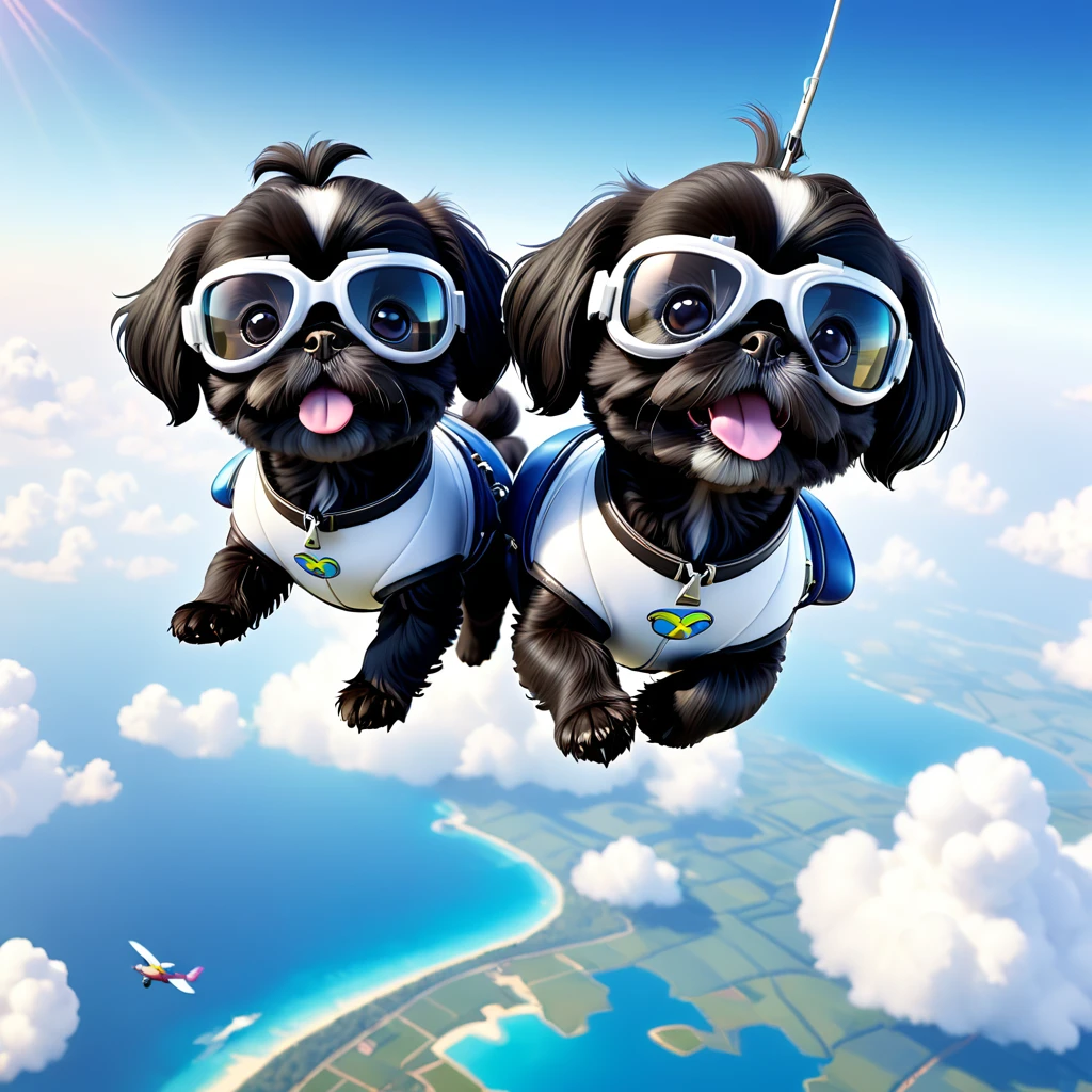 2 Adorable small black Shih Tzu puppies wearing white goggles skydiving 3d cartoon 3d render disney pixar style