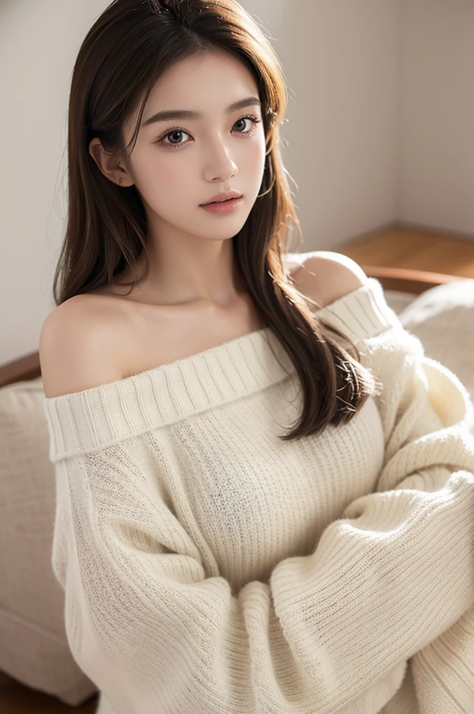 ((best quality)), ((masterpiece)), (detailed), 1 girl, Off-shoulder sweater,