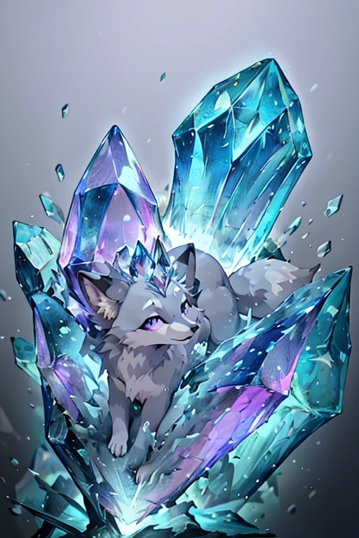 ((best quality)), ((masterpiece)), (detailed), animated purple and grey color fox, purple and grey color crystal fur, crystal shaped tail, large crystal on its head