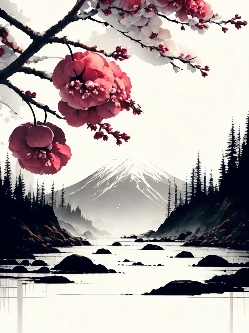 (white background:1.3), scenery, cherries in the snow, iced water, trees, ink 