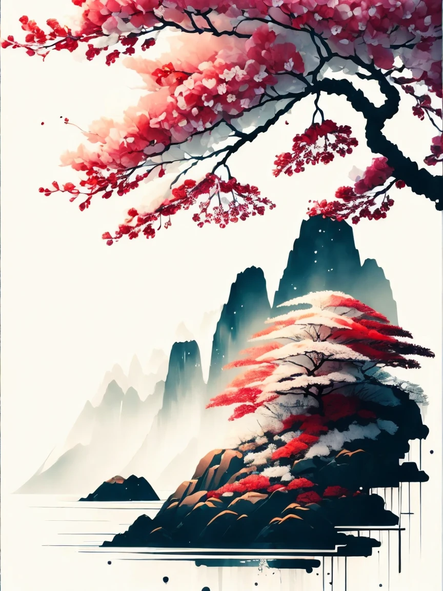 (white background:1.3), scenery, cherries in the snow, iced water, trees, ink