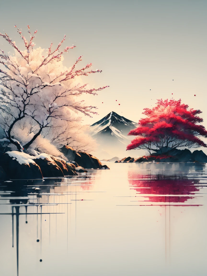 (white background:1.3), scenery, cherries in the snow, iced water, trees, ink