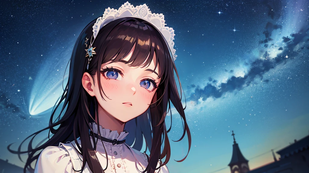 tmasterpiece,Highest image quality,super detailing,A high resolution,high saturated,Lighting effects,eventide,garden with colorful flowers。,Antique characters,Faraway view。 1girll,The face is delicate,There are big eyes of God,Black hair,Details coiled,long braid,Black eyelashes,Look up,DOA ,Gorgeous long dress。