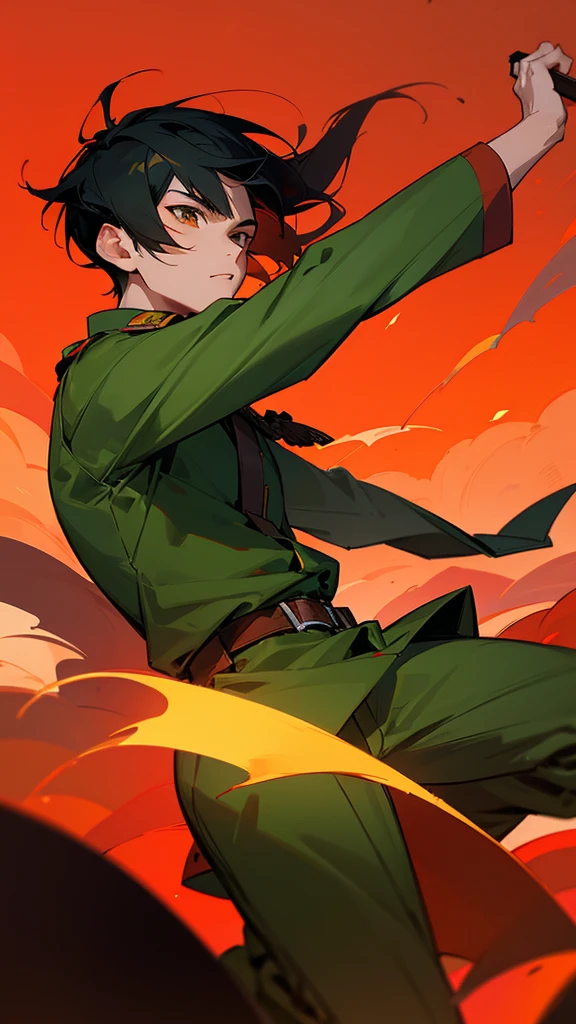 Anime style, an Asian guy with black hair, brown eyes, wearing a green military uniform, red sky, tanks, guns, modern army, five-pointed yellow star in the red sky