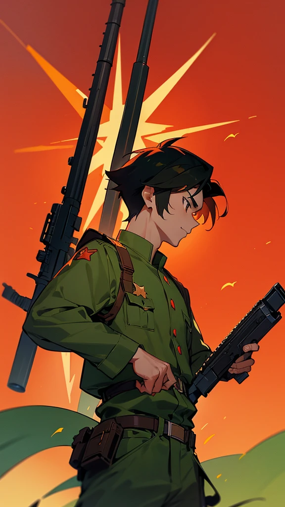 Anime style, an Asian guy with black hair, brown eyes, wearing a green military uniform, red sky, tanks, guns, modern army, five-pointed yellow star in the red sky