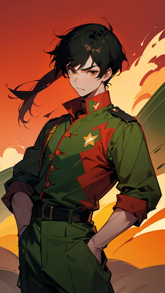 Anime style, an Asian guy with black hair, brown eyes, wearing a green military uniform, red sky, tanks, guns, modern army, five-pointed yellow star in the red sky