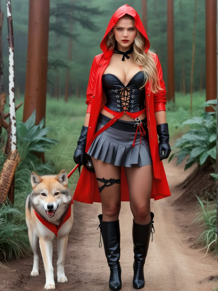 1 girl, black shoes, black skirt, blonde hair, chest, neckline, raincoat, corset, crossed legs, full body, garters, gloves, high heels, hood, raised hood, lace, leggings with Lace trim, Lace trim, red riding hood (Grimm), Long hair, looks at the viewer, medium chest, miniskirt, red raincoat, red gloves, red hood, skirt, solo, standing, hips, Watson cross and a huge majestic wolf with a burning gaze and dark fur skin with a mouth full of fangs, looks in love at the girl and she at the wolf, on the background of a forest glade with flowers and butterflies