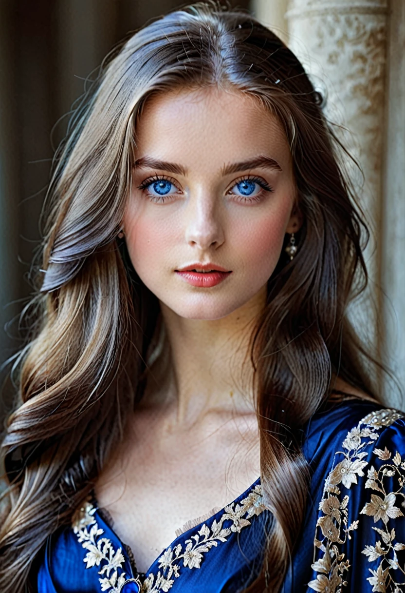 "Elegance and Youth: A Portrait of Modern Beauty"dark blue eyes, long hair, divine beauty 