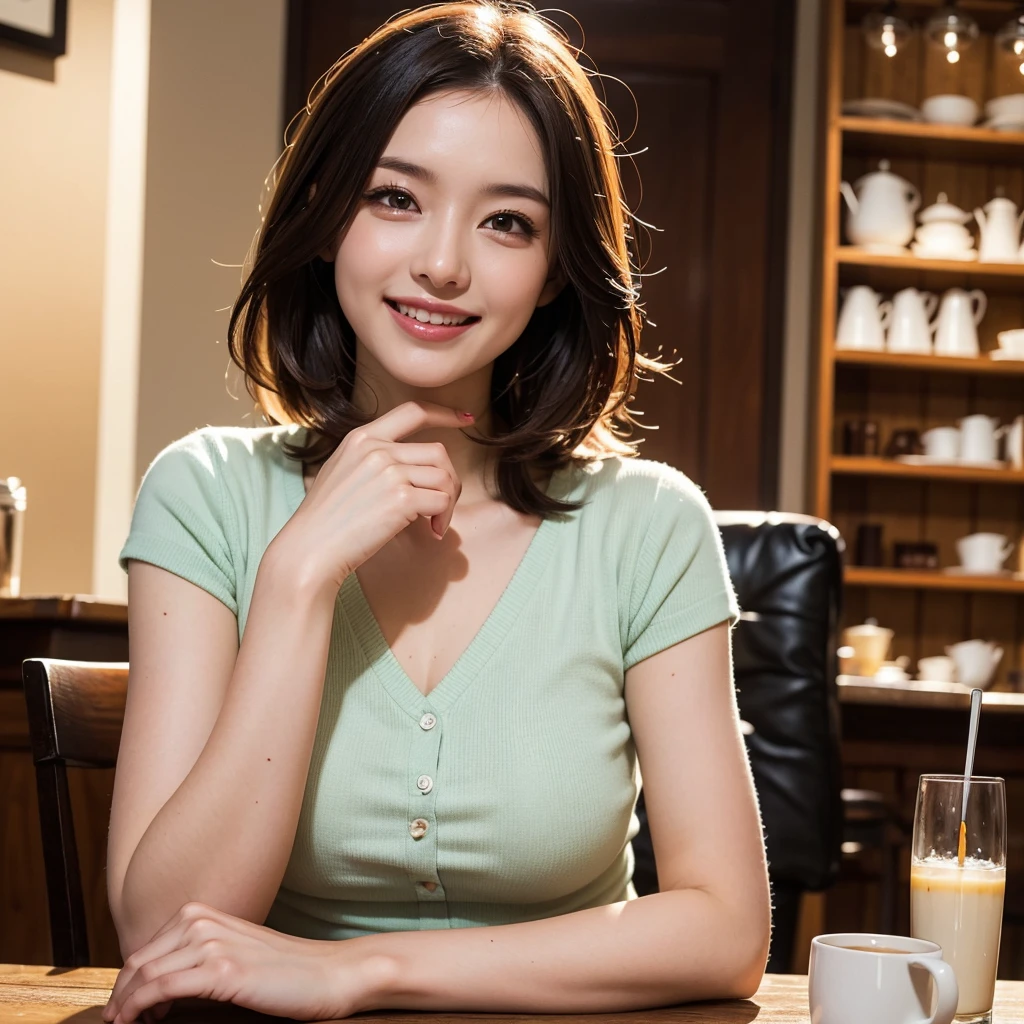 masutepiece, Best Quality, Illustration, Ultra-detailed, finely detail, hight resolution, 8K Wallpaper, Perfect dynamic composition, 1 beautiful girl, Beautiful detailed eyes, Girly blouse, Medium Hair, Normal breasts, Natural Color Lip, Random Poses, Smile, Open mouth:0.8, fashionable cafe, 42 years girl, sit, Chocolate parfait in a vertically elongated glass on the table,