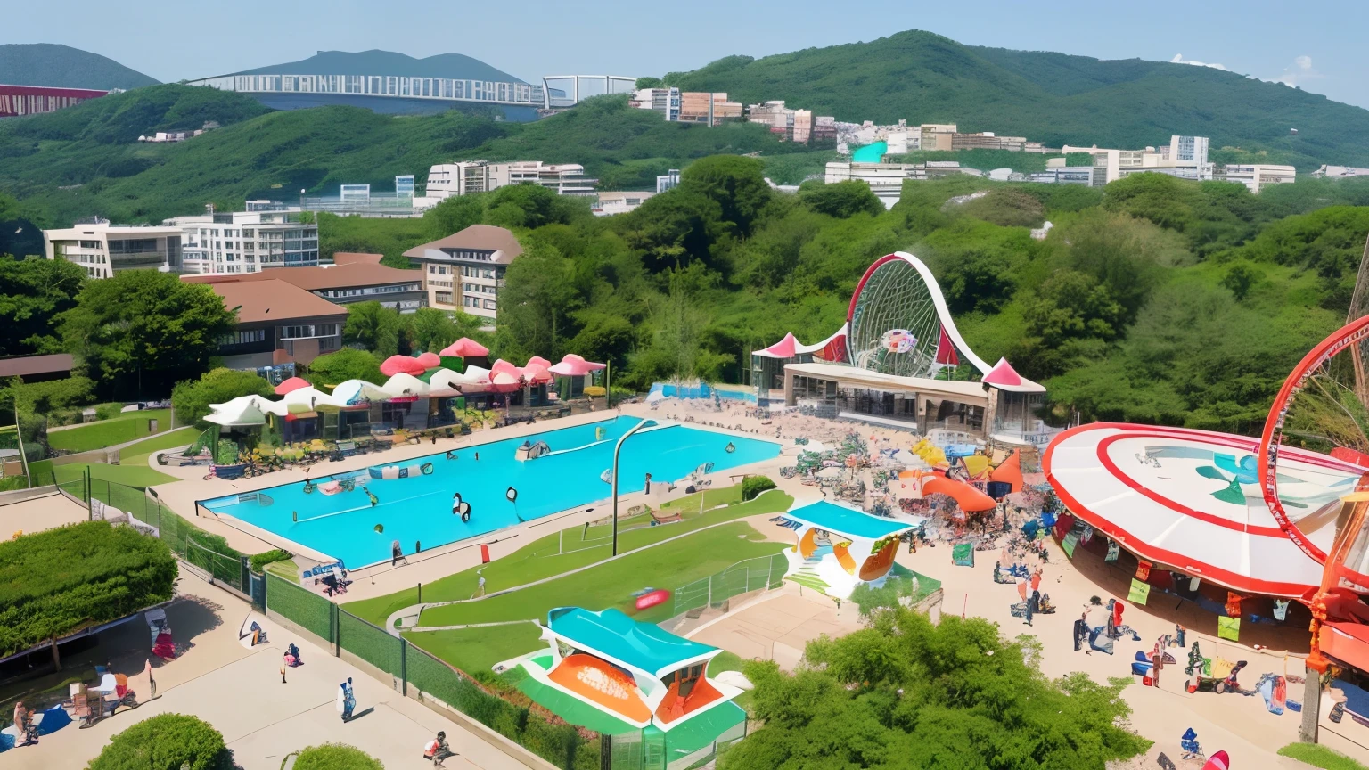 High-quality photos、Realistic photos、A view from the sky、Small hill、Amusement park on the hill、You can see the Ferris wheel、Large swimming pool、A fine summer day、fun、Uninhabited amusement park、Unattended pool、Daytime scenery
