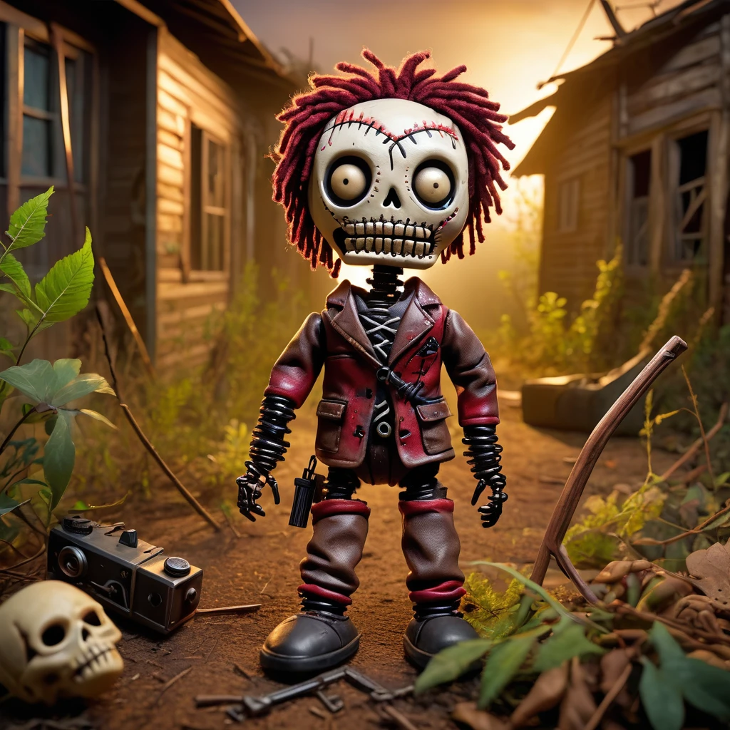 (knitted toy voodoo doll:1.7), (Voodoo Doll in a Walking Dead Setting:1.3), (Clothing: survival gear with a crossbow:1.0), (Accessories: enchanted zombie head emitting a ghastly glow, floating survival tools:1.1), (background: post-apocalyptic landscape with abandoned buildings, overgrown vegetation, and an atmosphere of survival horror:1.2), best quality, masterpiece, detailed soft oil painting, detailed background, dramatic cinematic lighting, soft edge lighting, professional, dramatic lighting, hard edge lighting, ultra quality, 4k,masterpiece, best quality, 8k, ultra highres, highres, extremely detailed