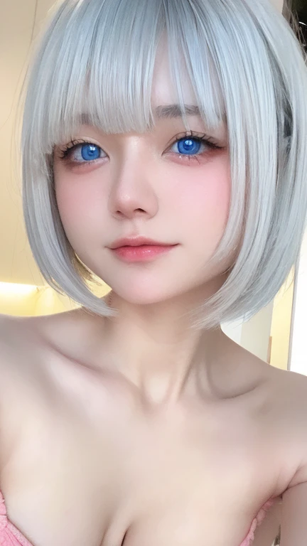 Beautiful and fair、Glowing Skin, 3 Up, Nice, bright, Refreshing and gentle look, Perfect beautiful face、White Short Hair，Gray Hair, Beautiful shiny bangs, Very beautiful  girl, eyeliner, so perfect and beautiful、clear, Sky blue eyes，Very large breasts, Pink nipples