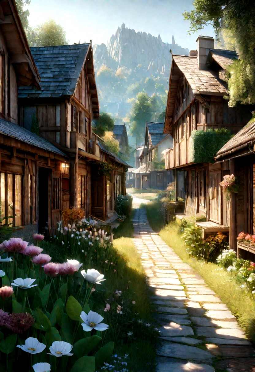 Wonderful natural world, ultra realistic look, 8k resolution, 3d appearance, natural beauty, Trees, Flowers, Fall, Clear the details, Charming beauty, Morning atmosphere, Detailed Houses, Detailed buildings, Fascinating nature