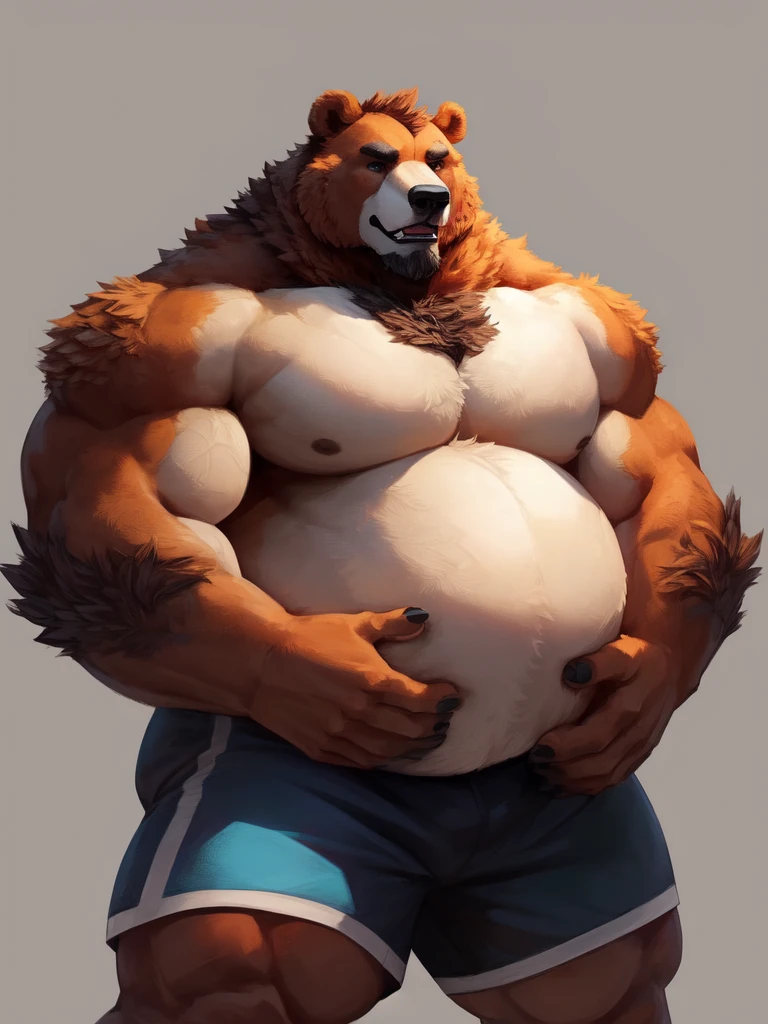 lucusold, lanxus, a man with a huge belly hugging a bear, fat ripped , thicc, lowres, giant and fat, danbooru and artstation, heavy detailed, insanely inflated hips, topless, shorts, proportionally enormous arms, fluffy chest, commission for high res, detailed but rough, semirealistoc:1.3