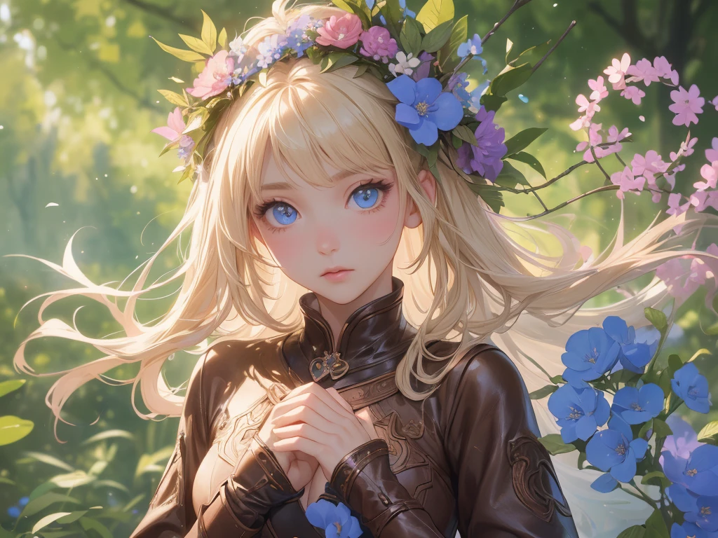work of art, ultra creative, epic details, ultra detaild, best resolution, Woman, archer, blonde, (Beautiful nymph), ( robust wreath of leaves and pink and blue flowers), sculptural body, (brown clothes made of leather), ((perfect hands))), scenario:Enchanted Forest),  no mistakes, (((epic details na face))), (((ultra perfect eyes)))